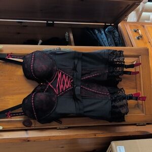 New With Tags.Two Piece Set Lace-Up Black and Red Bustier